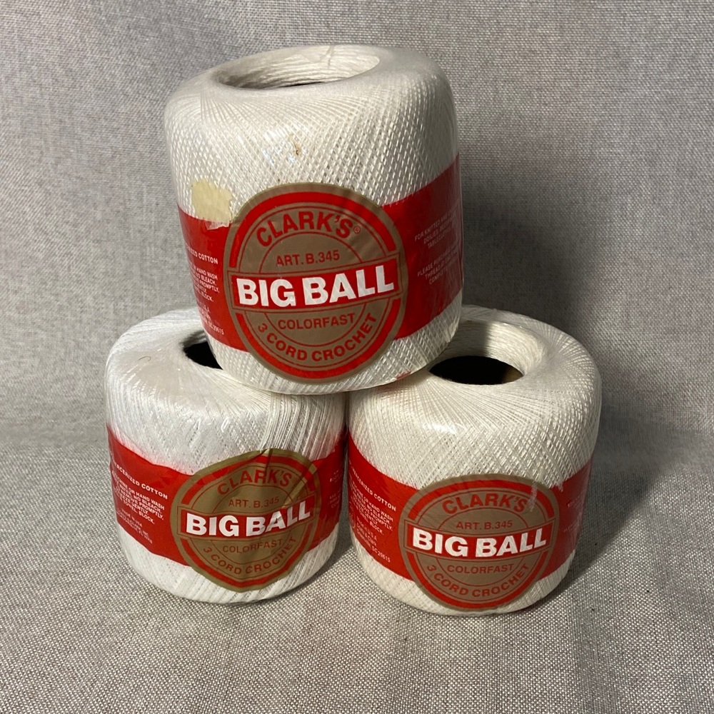 Clarks Big Ball White Crochet Thread. 3 skeins.